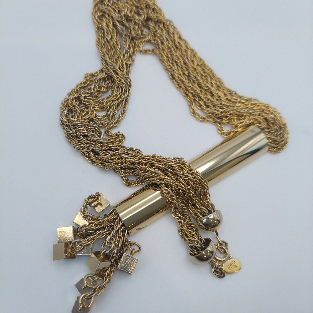 Vintage 1970 Danfrere Statement Goldtone Necklace w/Slide Bar & Tassels.
